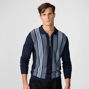 Karl Lagerfeld Paris Stripe Long Sleeve Half Zip Polo, sz L